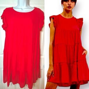Evelyn Flutter Sleeve Casual Cherry Red Ruffle Tiered Mini Dress Has Pockets L